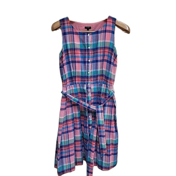 TALBOTS Dress Pink Madras Plaid Sz 8 Petite Belted Cotton Button Up Sleeveless - Picture 2 of 7